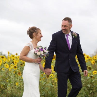 Lifton Strawberry Fields, Lifton, Devon. Flowers by Flower Scene. Dress from Lowen Bridal. September.