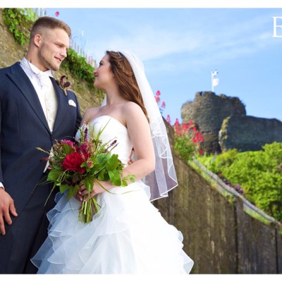 Launceston Town Hall, Launceston Castle, North Cornwall. Suit, David Parish Menswear, dress & Veil, Lowen Bridal, Hair, Hush, MUA Abi Scott, Flowers, Flower Scene.  June.